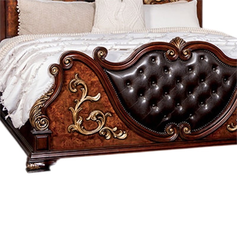 Iliana Queen Bed-Dark Cherry Brown-Black Faux Leather-Gold Carvings