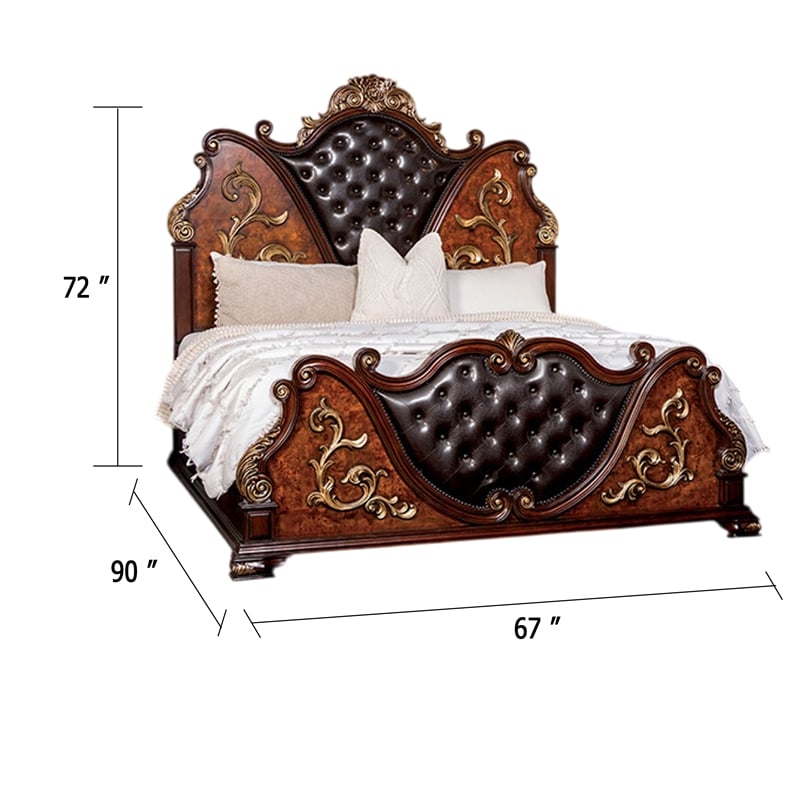 Iliana Queen Bed-Dark Cherry Brown-Black Faux Leather-Gold Carvings