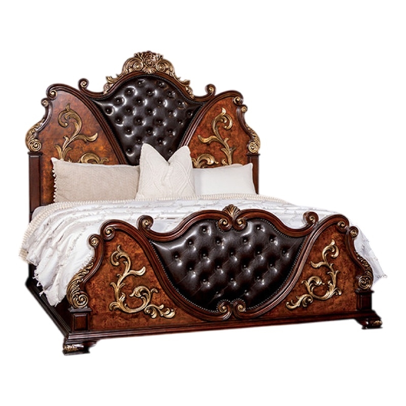 Iliana Queen Bed-Dark Cherry Brown-Black Faux Leather-Gold Carvings