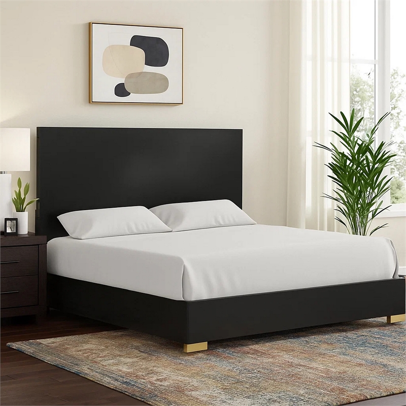 Goldie Queen Size Panel Bed-Black and Gold Pine Wood-Contemporary