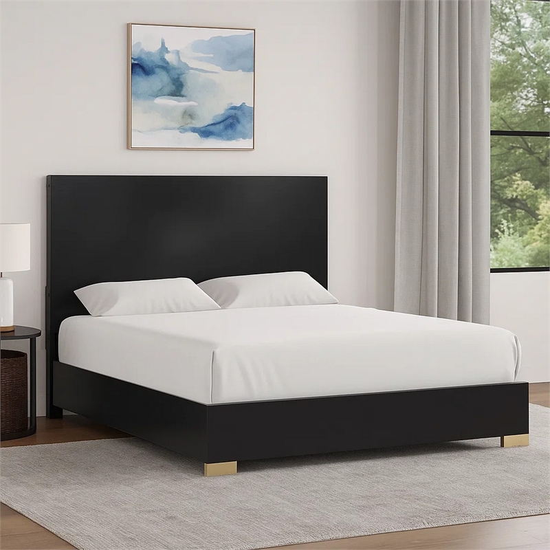 Goldie Queen Size Panel Bed-Black and Gold Pine Wood-Contemporary