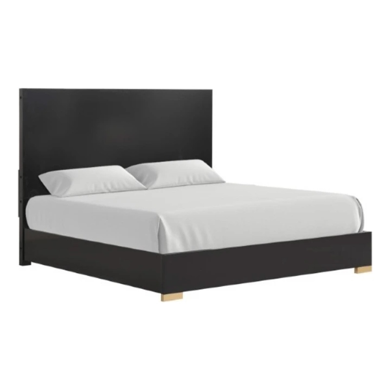 Goldie Queen Size Panel Bed-Black and Gold Pine Wood-Contemporary