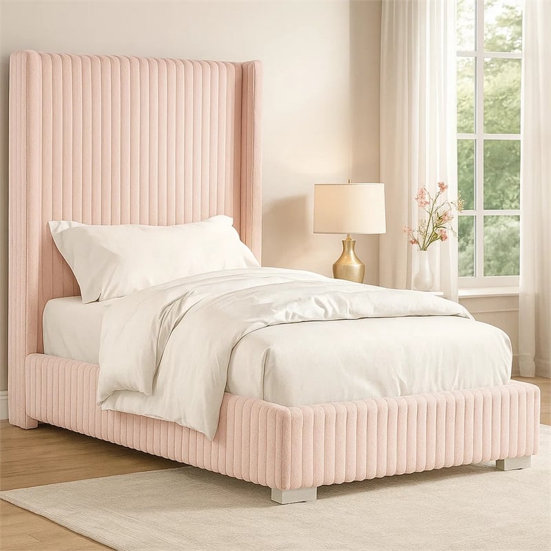 Wolo Full Size Bed-Pink Channel Tufted Fur Chenille Upholstery