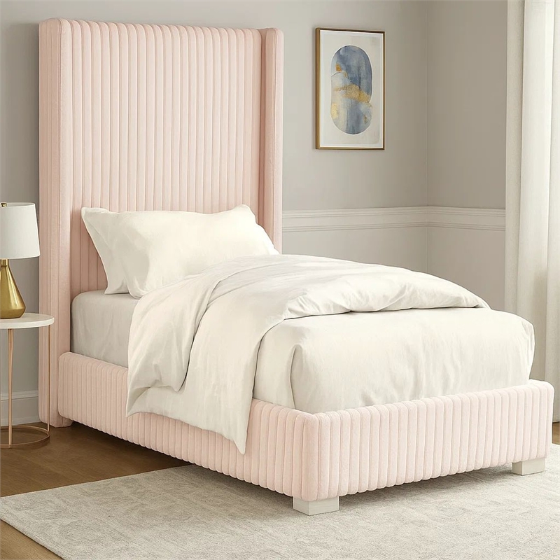 Wolo Twin Size Bed-Pink Channel Tufted Fur Chenille Upholstery