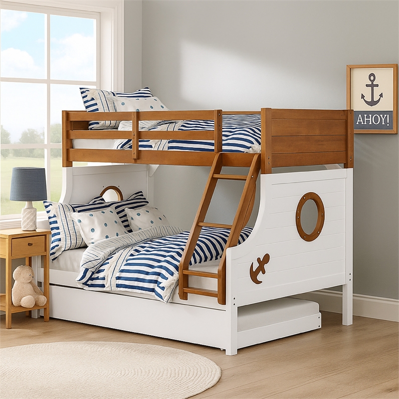 Nexo Twin over Full Bunk Bed-Nautical Accents in White & Oak Brown