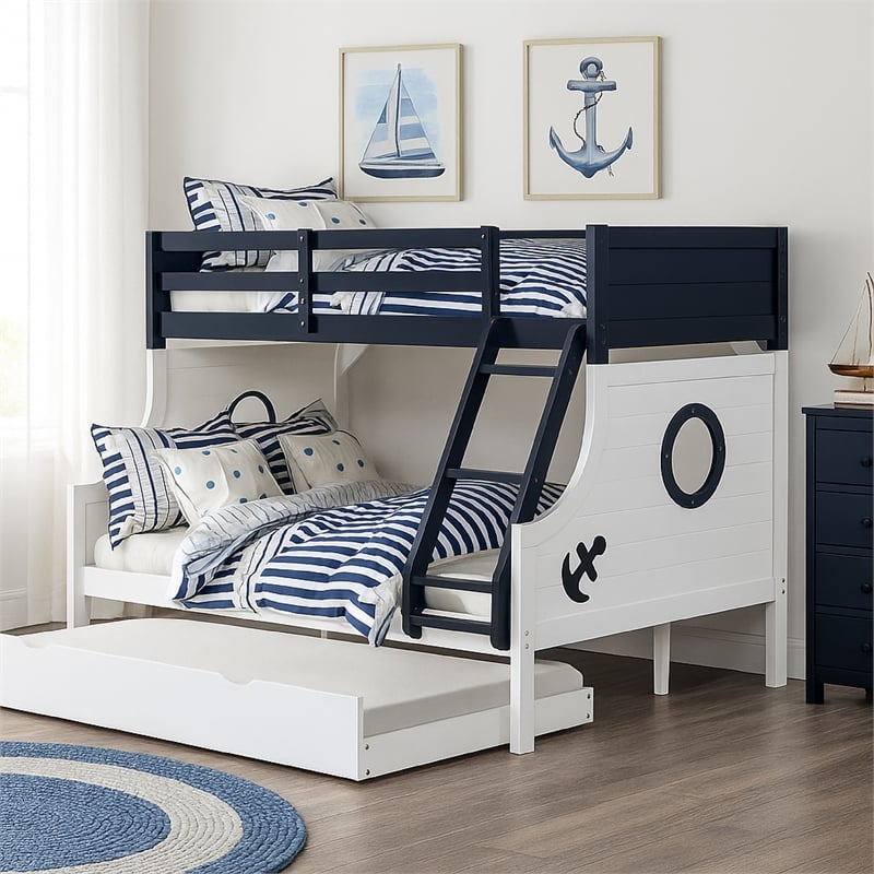 Nexo Twin over Full Bunk Bed-Nautical Accents in White & Dark Blue