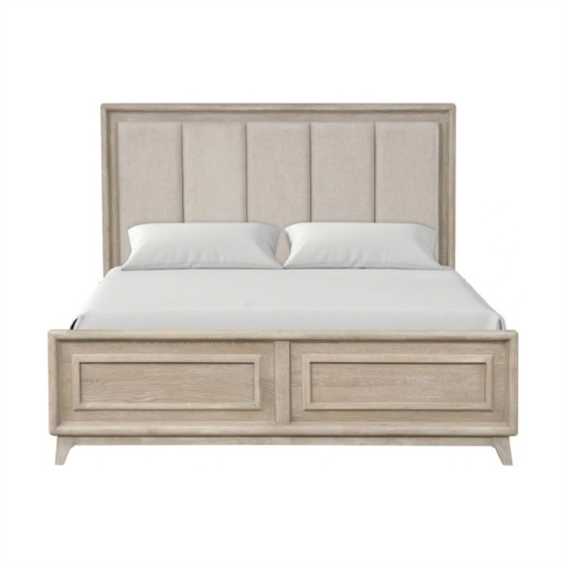 Myna King Bed-Solid Wood-Ivory Channel Padded Upholstery-Oak Brown