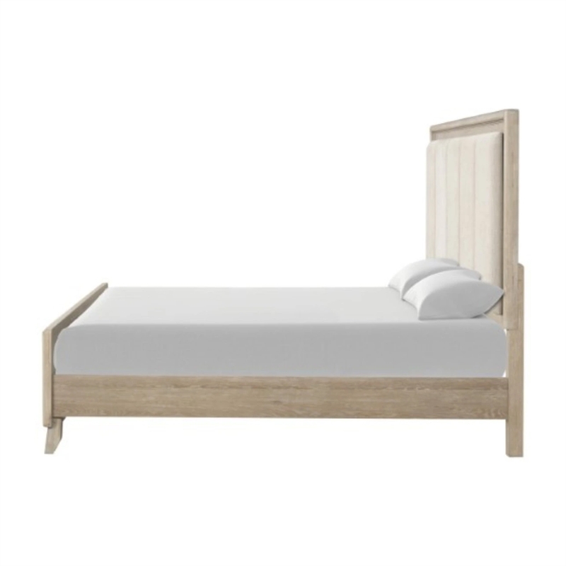 Myna King Bed-Solid Wood-Ivory Channel Padded Upholstery-Oak Brown