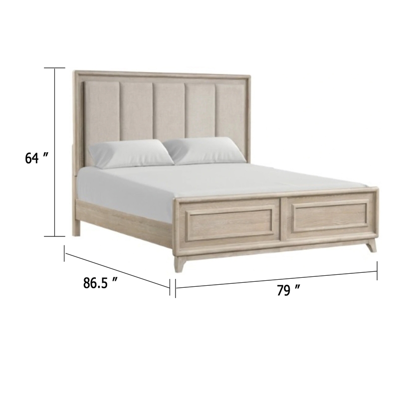 Myna King Bed-Solid Wood-Ivory Channel Padded Upholstery-Oak Brown
