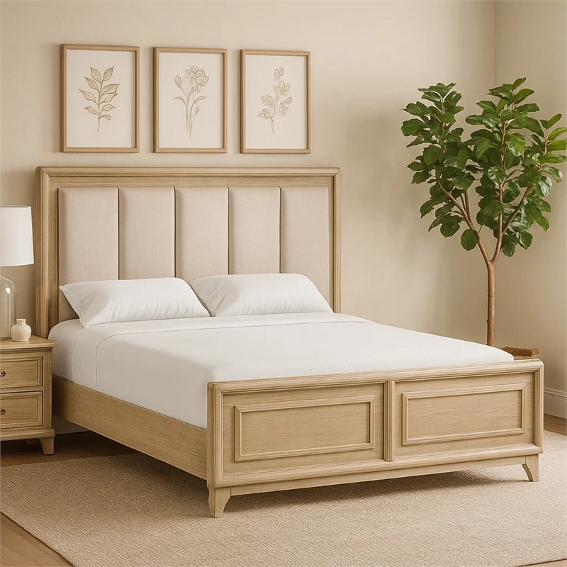 Myna King Bed-Solid Wood-Ivory Channel Padded Upholstery-Oak Brown