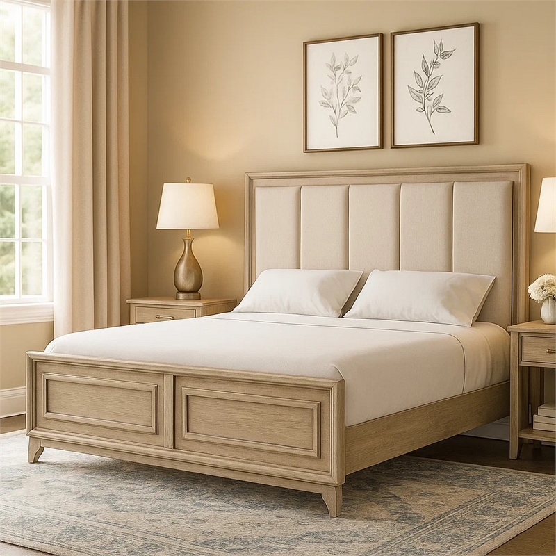 Myna King Bed-Solid Wood-Ivory Channel Padded Upholstery-Oak Brown