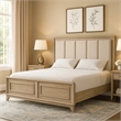 Myna King Bed-Solid Wood-Ivory Channel Padded Upholstery-Oak Brown