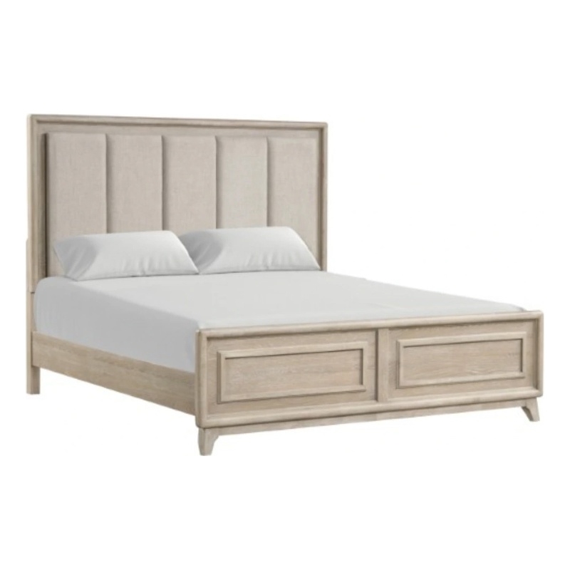 Myna King Bed-Solid Wood-Ivory Channel Padded Upholstery-Oak Brown