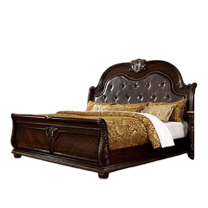 Kera Queen Bed-Brown Cherry Faux Leather Padded Upholstery