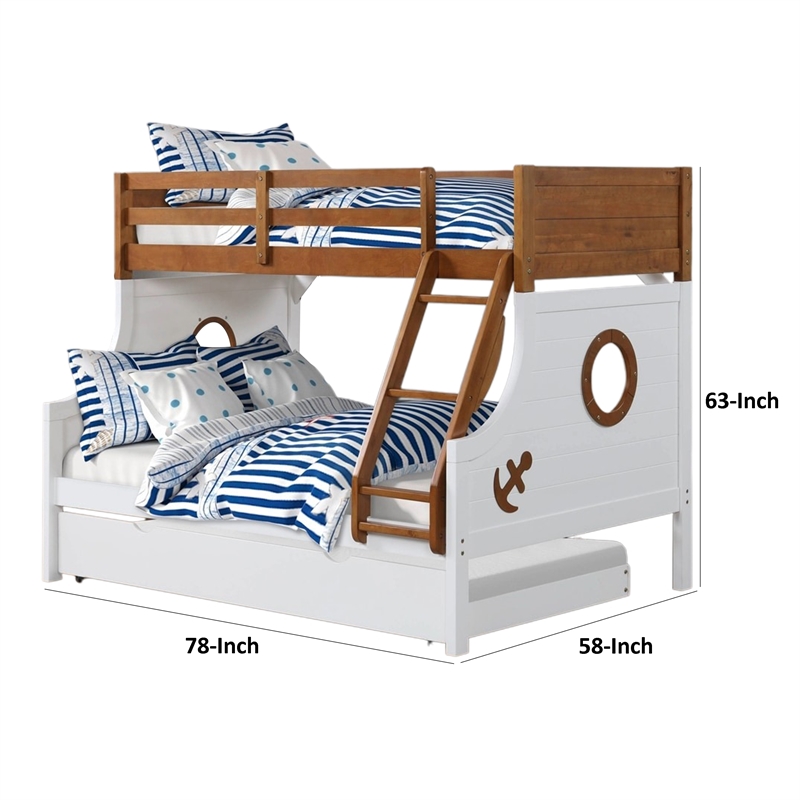 Nexo Twin over Full Bunk Bed with Trundle-Oak Brown-White-Solid Wood