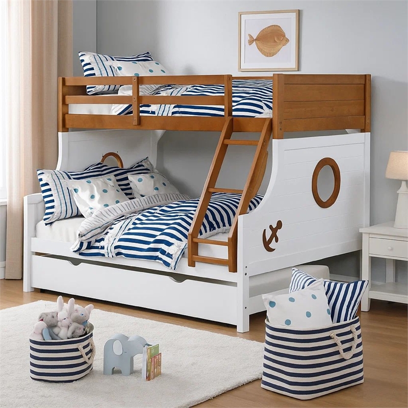 Nexo Twin over Full Bunk Bed with Trundle-Oak Brown-White-Solid Wood