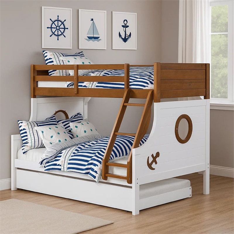 Nexo Twin over Full Bunk Bed with Trundle-Oak Brown-White-Solid Wood
