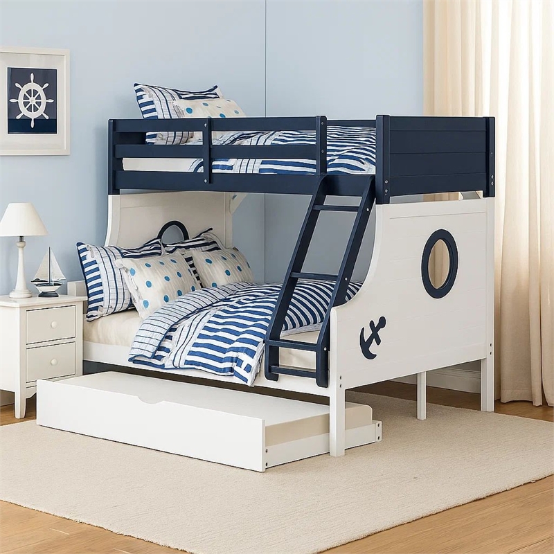 Nexo Twin Over Full Bunk Bed-Blue-White Nautical Coastal Theme