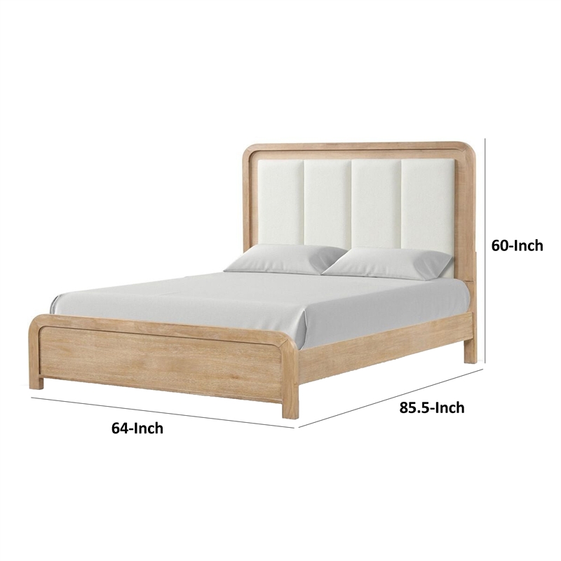 Rexa Queen Bed-White Upholstered Channeled Headboard-Natural Brown Wood