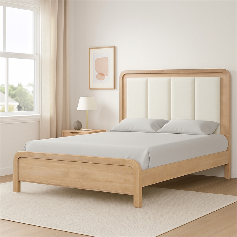 Rexa Queen Bed-White Upholstered Channeled Headboard-Natural Brown Wood