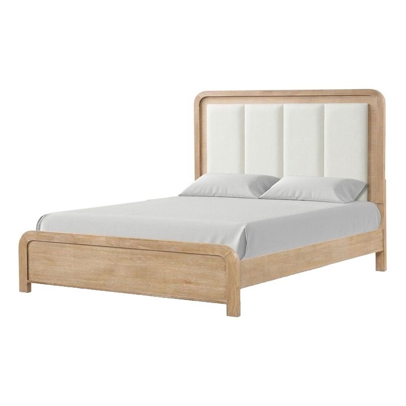 Rexa Queen Bed-White Upholstered Channeled Headboard-Natural Brown Wood