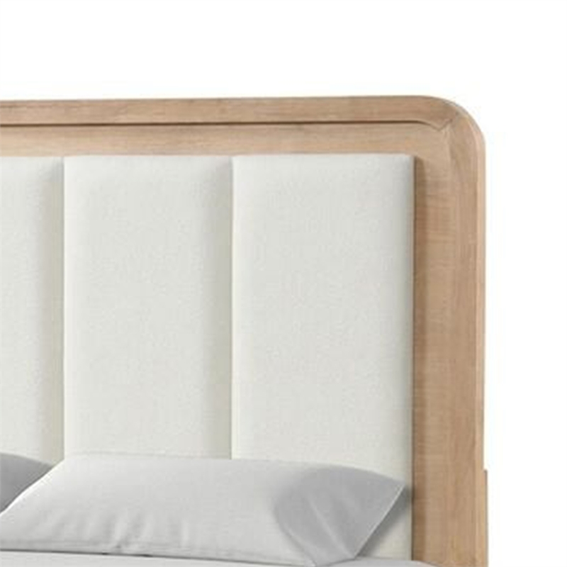 Rexa Queen Bed-White Upholstered Channeled Headboard-Natural Brown Wood