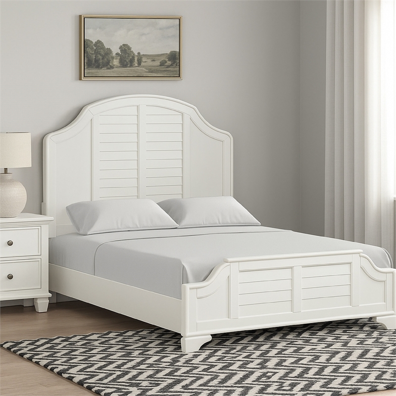 Kyna Queen Bed-Louvered Style and Scalloped Edges-Antique White Wood