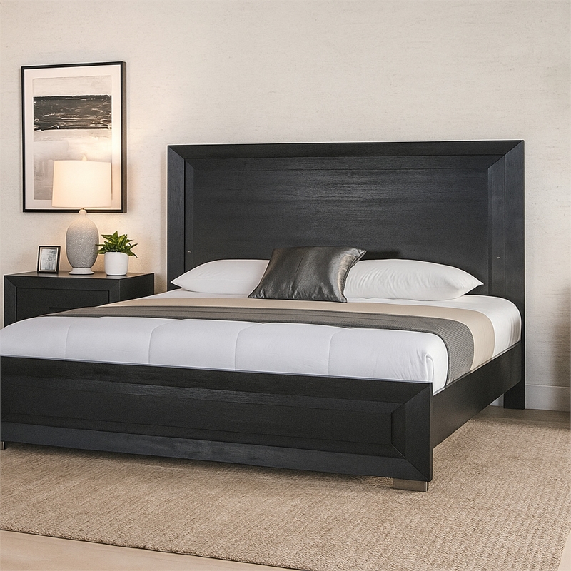 Ashen California King Bed-LED Headboard-Chrome Metal Legs-Black Wood