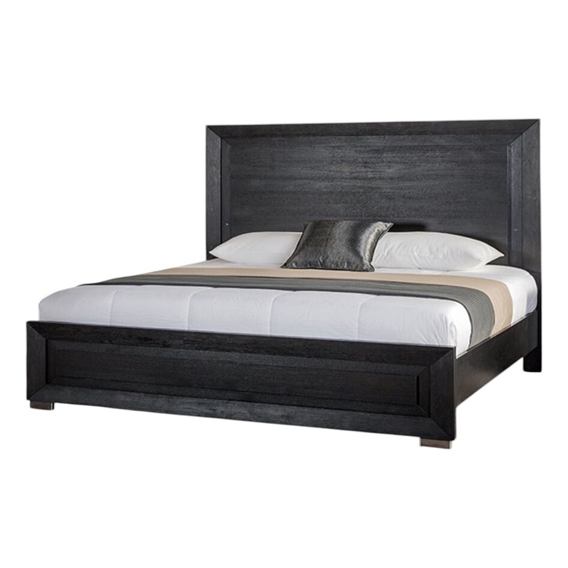 Ashen California King Bed-LED Headboard-Chrome Metal Legs-Black Wood