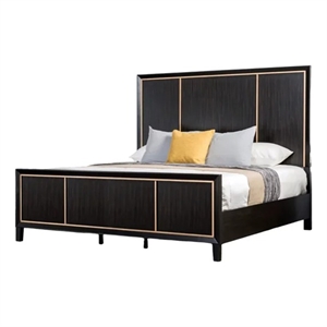 Yada Queen Bed w Gold Trim Accents-Tapered Legs-Espresso Brown Wood