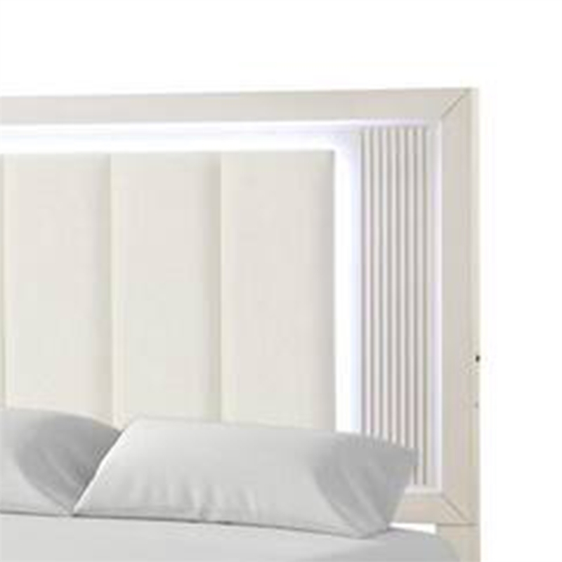 Toi Queen Bed-LED Headboard w Tufted Upholstery-Fluted Antique White