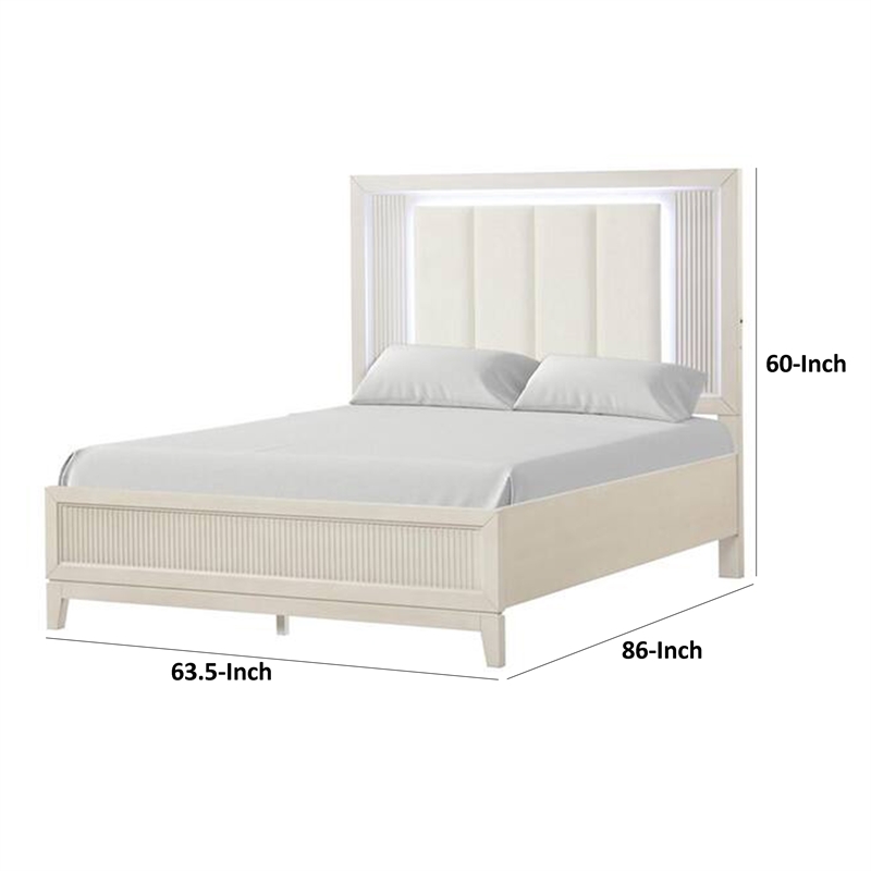 Toi Queen Bed-LED Headboard w Tufted Upholstery-Fluted Antique White