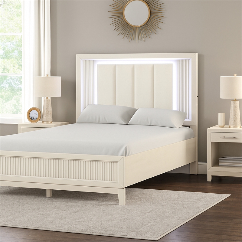 Toi Queen Bed-LED Headboard w Tufted Upholstery-Fluted Antique White