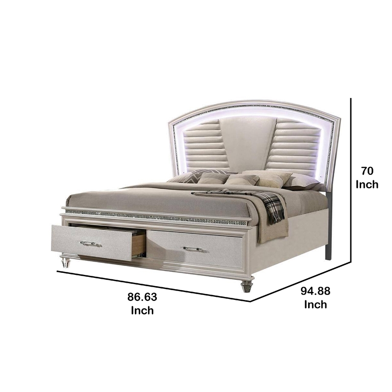 Sam California King Bed with LED-Storage-White Tufted Faux Leather