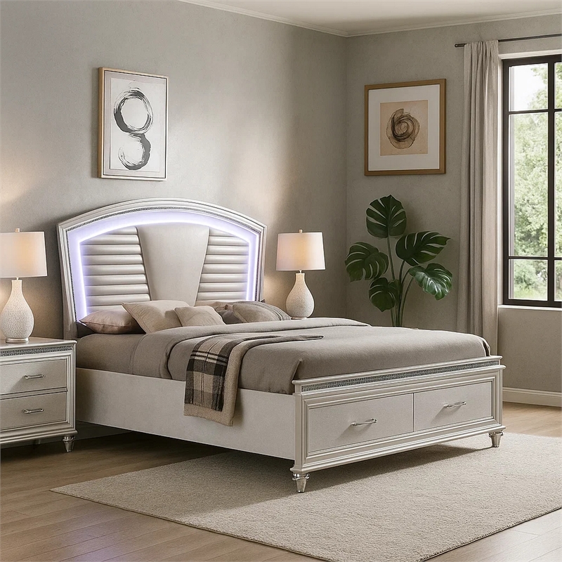 Sam California King Bed with LED-Storage-White Tufted Faux Leather