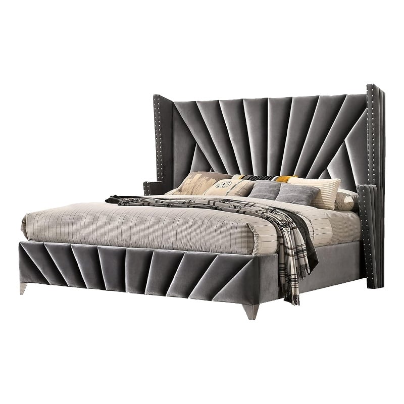 Ino Wingback King Bed-Nailhead Trim-Gray Tufted Velvet Upholstery