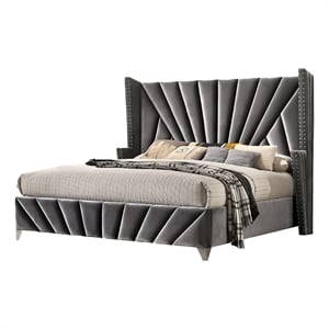 Ino Wingback King Bed-Nailhead Trim-Gray Tufted Velvet Upholstery