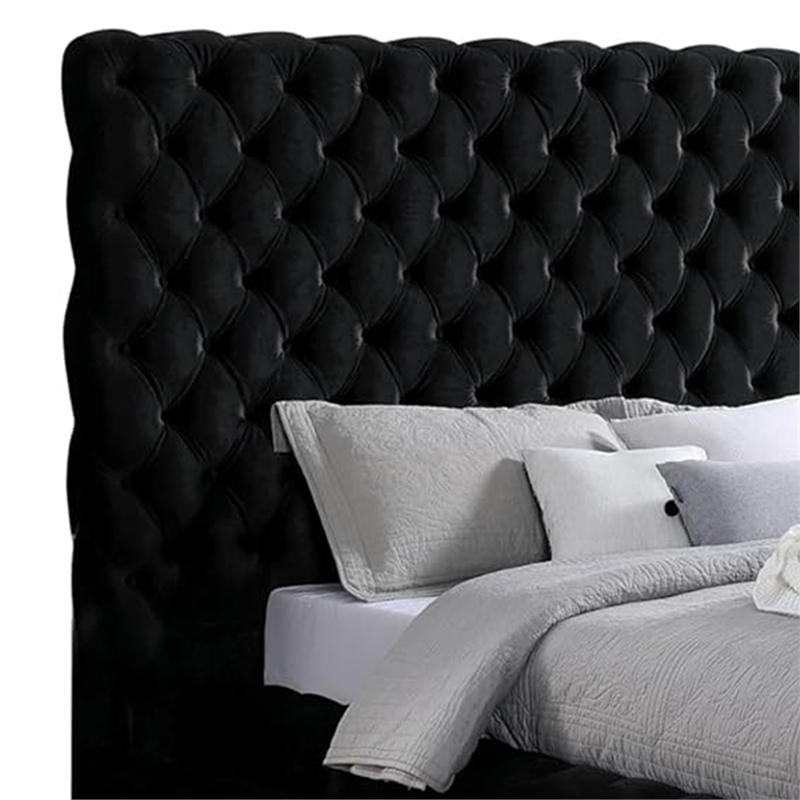 Steph Queen Bed-Black Button Tufted Flannelette Upholstery-XL Headboard