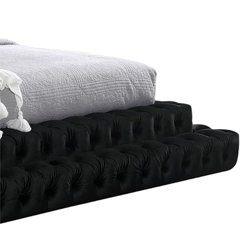 Steph Queen Bed-Black Button Tufted Flannelette Upholstery-XL Headboard
