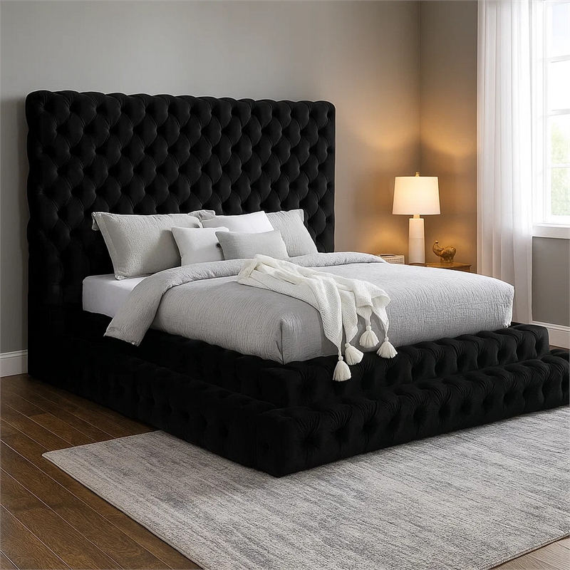 Steph Queen Bed-Black Button Tufted Flannelette Upholstery-XL Headboard