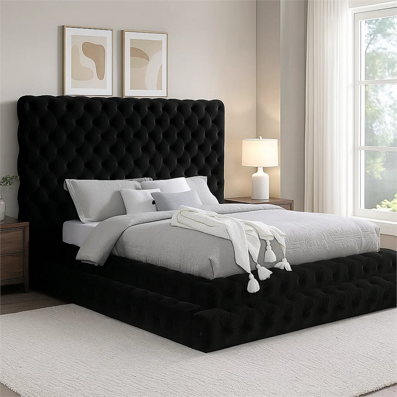 Steph Queen Bed-Black Button Tufted Flannelette Upholstery-XL Headboard