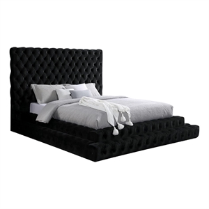 Steph Queen Bed-Black Button Tufted Flannelette Upholstery-XL Headboard