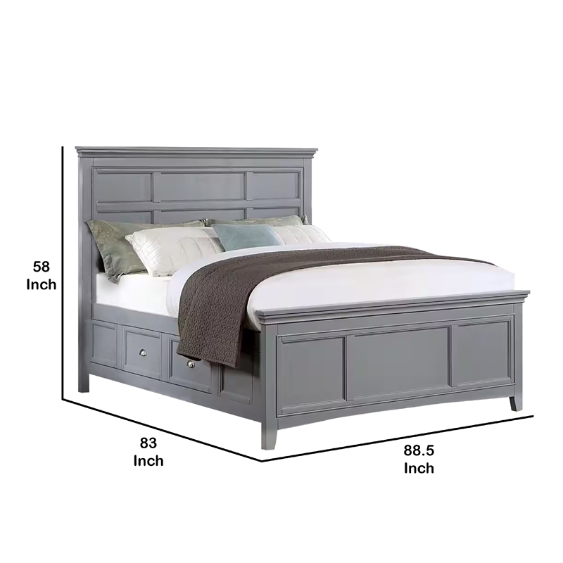 Lile King Bed with Crown Moulding-Storage Drawers-Gray Solid Wood