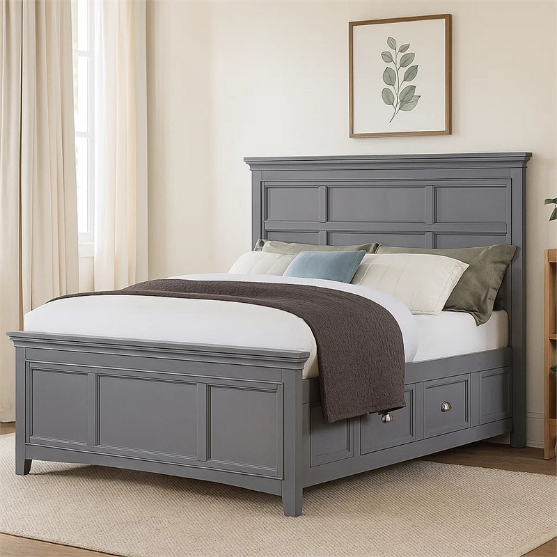 Lile King Bed with Crown Moulding-Storage Drawers-Gray Solid Wood