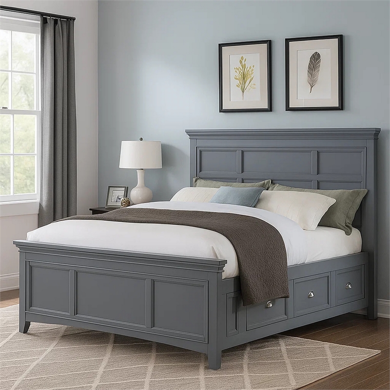 Lile King Bed with Crown Moulding-Storage Drawers-Gray Solid Wood