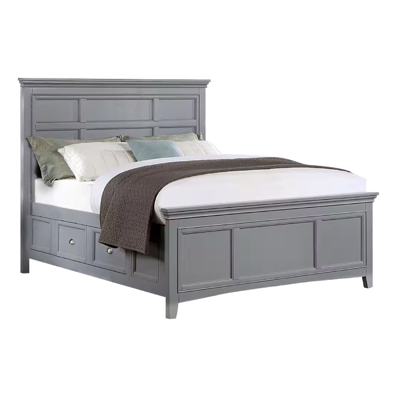 Lile King Bed with Crown Moulding-Storage Drawers-Gray Solid Wood