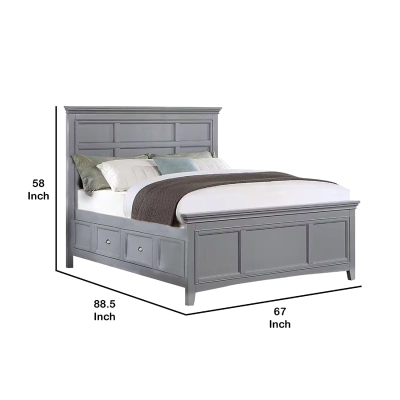 Lile Queen Bed with Crown Moulding-Storage Drawers-Gray Solid Wood