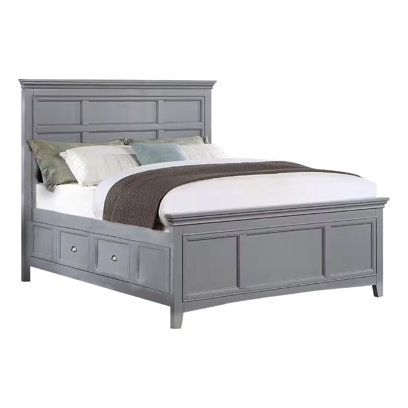Lile Queen Bed with Crown Moulding-Storage Drawers-Gray Solid Wood