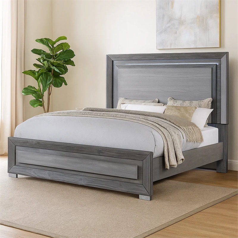 Reno California King Bed with LED Headboard and Metal Legs-Gray Wood