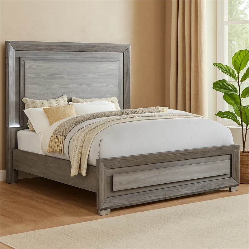 Reno Queen Bed with LED Headboard and Metal Bracket Legs-Gray Wood